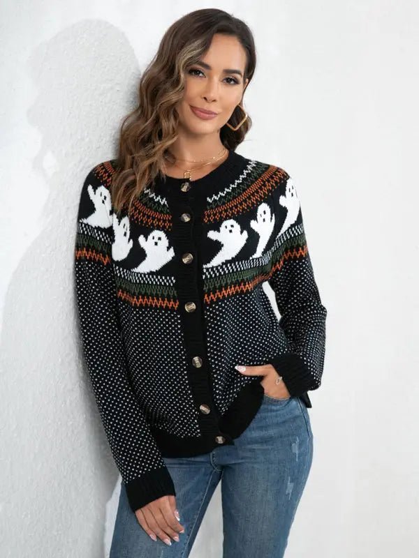 New Halloween ghost retro polka dot long sleeve knitted cardigan sweatHalloween ghost retro polka dot long sleeve knitted cardigan sweater