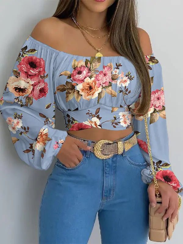 Off-Shoulder Cross Strap Long Sleeve Top - Celeste    