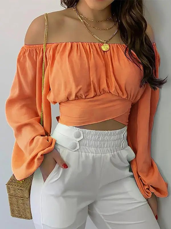 Off-Shoulder Cross Strap Long Sleeve Top - Celeste    