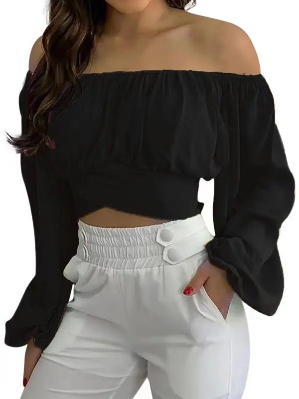Off-Shoulder Cross Strap Long Sleeve Top - Celeste    