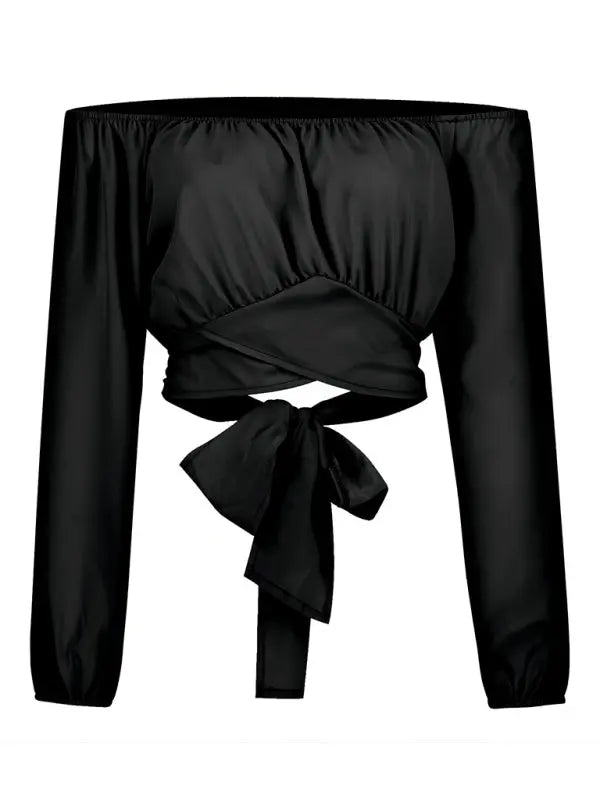 Off-Shoulder Cross Strap Long Sleeve Top - Celeste    