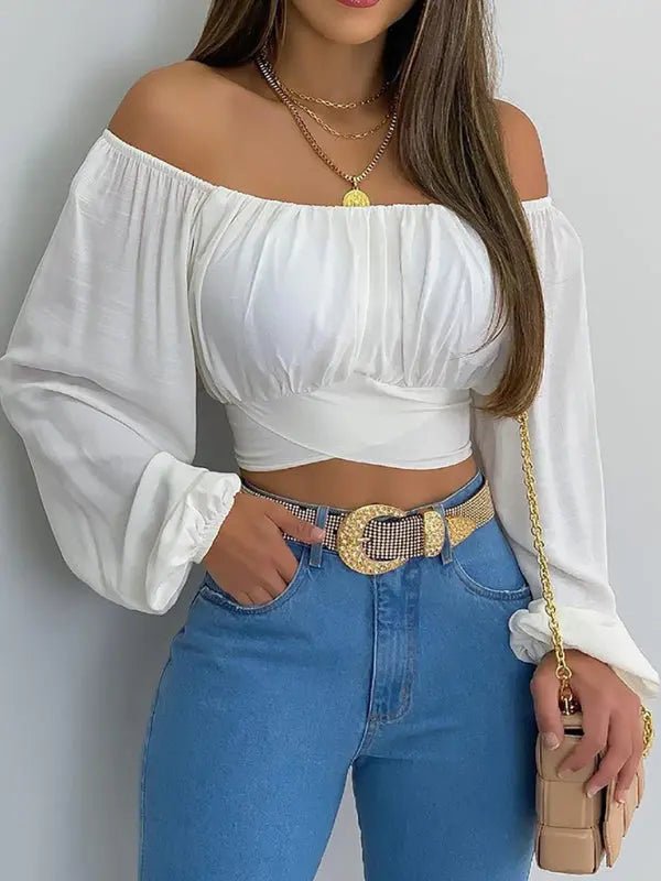 Off-Shoulder Cross Strap Long Sleeve Top - Celeste    