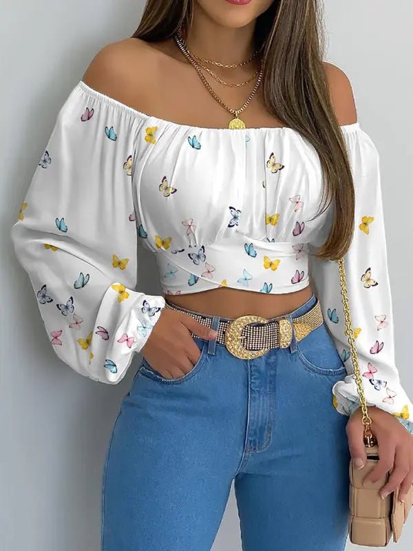 Off-Shoulder Cross Strap Long Sleeve Top - Celeste    