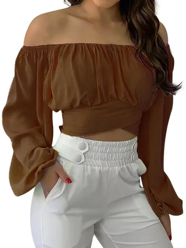 Off-Shoulder Cross Strap Long Sleeve Top - Celeste    