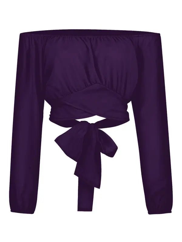 Off-Shoulder Cross Strap Long Sleeve Top - Celeste    