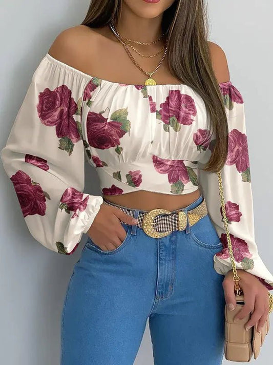 Off-Shoulder Cross Strap Long Sleeve Top - Celeste    