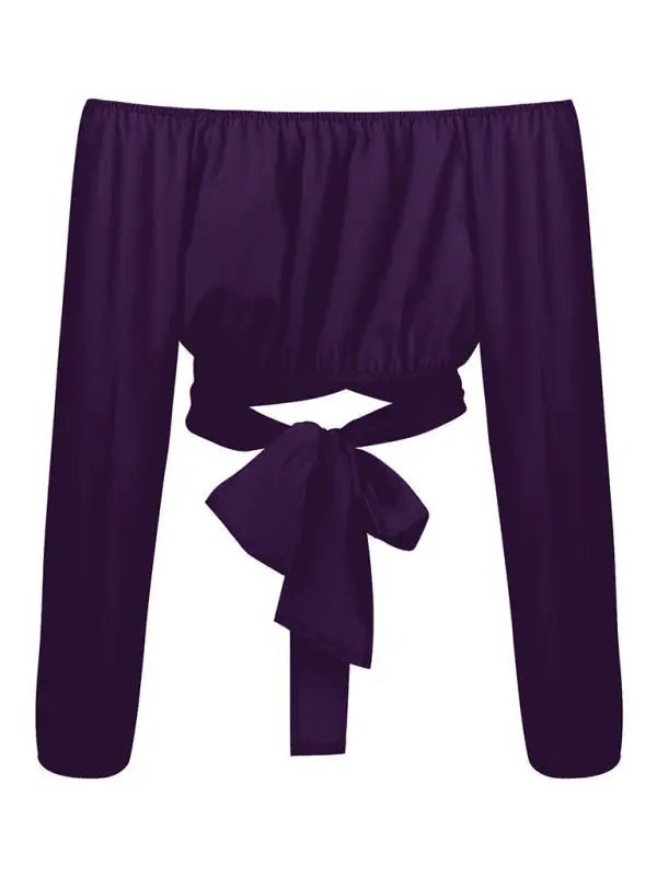 Off-Shoulder Cross Strap Long Sleeve Top - Celeste    