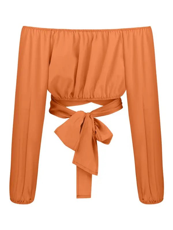 Off-Shoulder Cross Strap Long Sleeve Top - Celeste    