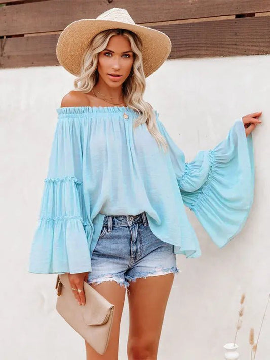 Off Shoulder Flare Blouse - Celeste    