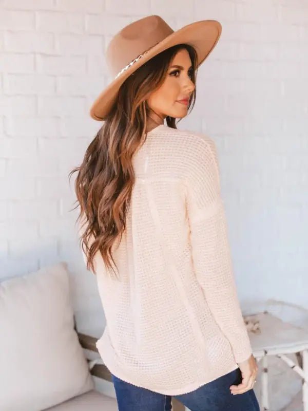 Open Button V-Neck Knit Long Sleeve Top - Celeste    