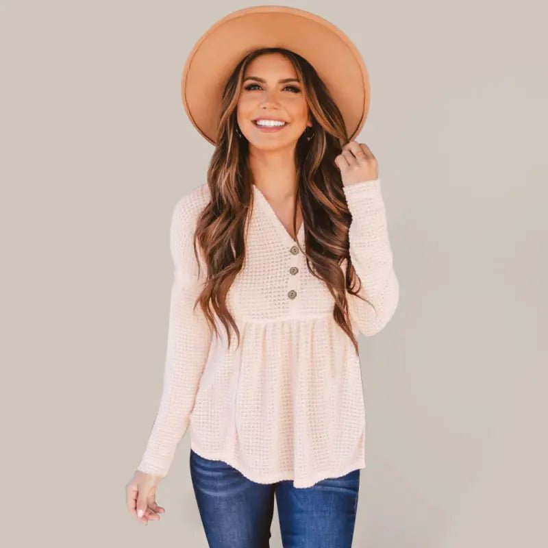 Open Button V-Neck Knit Long Sleeve Top - Celeste    