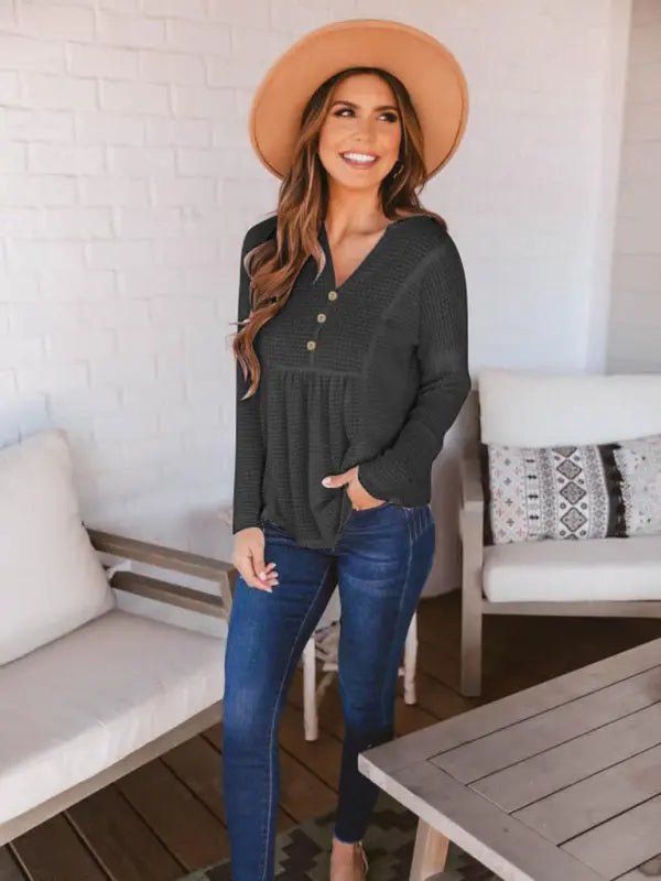 Open Button V-Neck Knit Long Sleeve Top - Celeste    