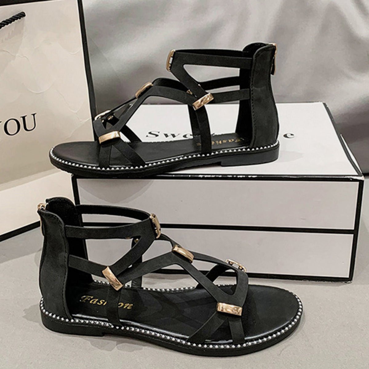 Open Toe Back Zipper Flat Sandals - Celeste    