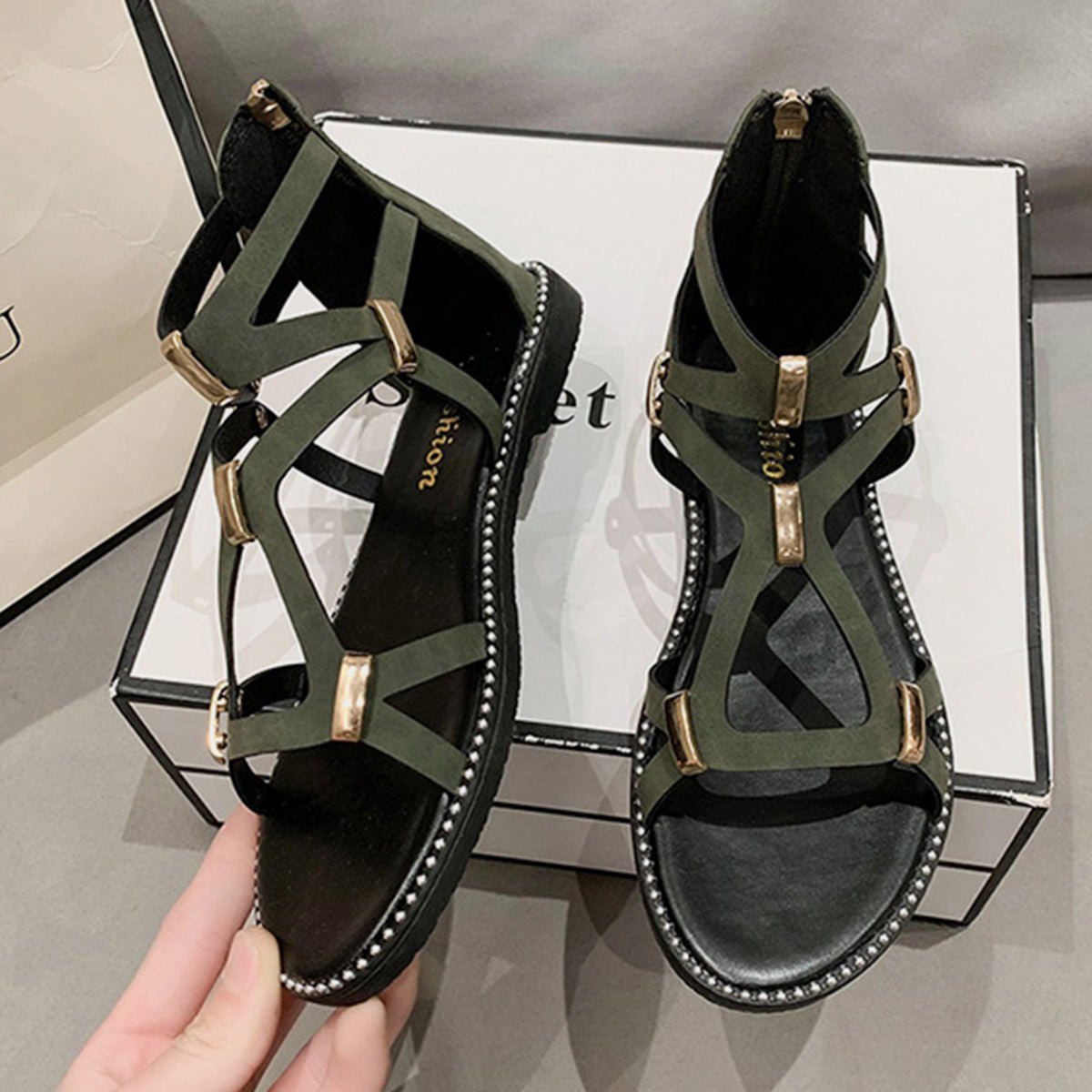 Open Toe Back Zipper Flat Sandals - Celeste    
