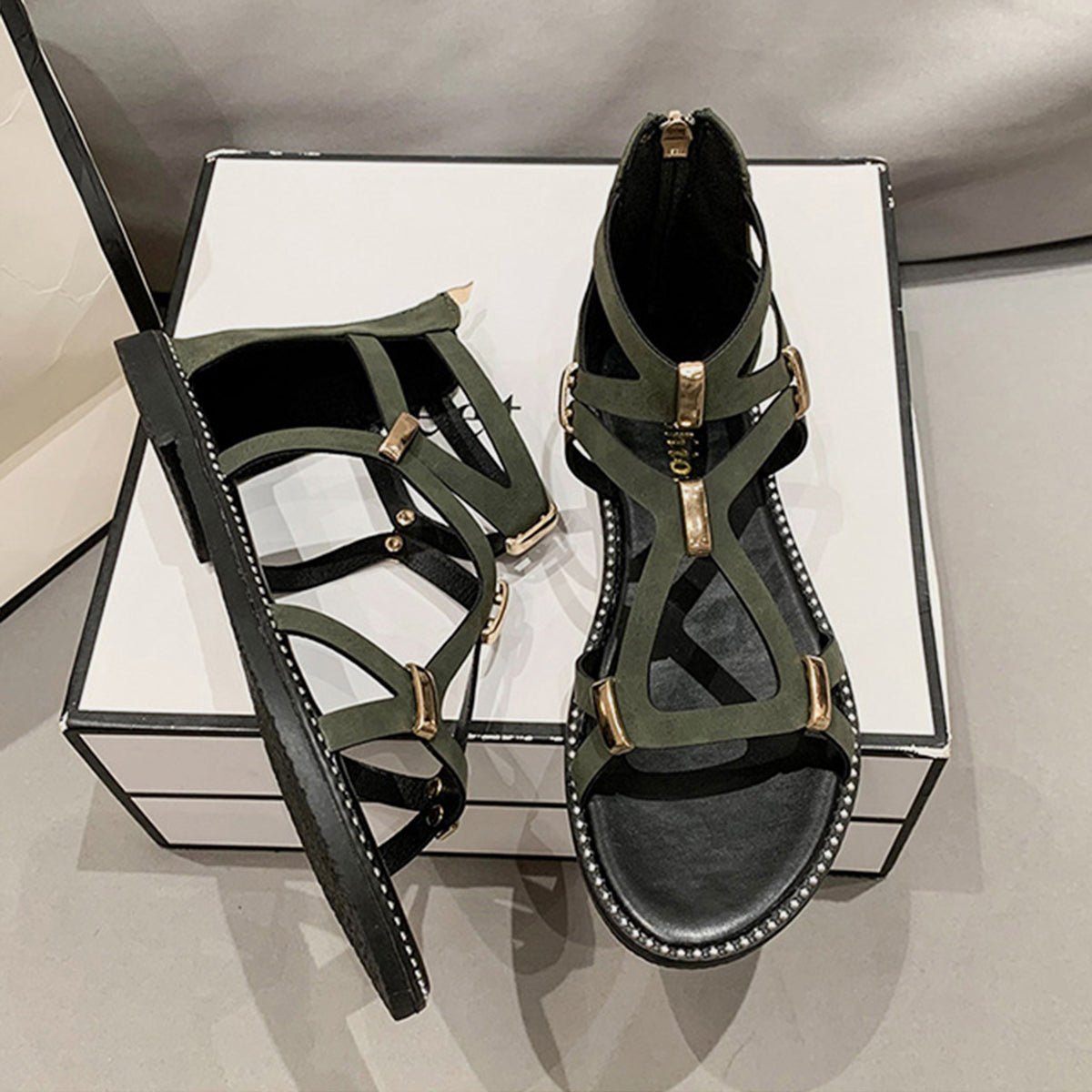 Open Toe Back Zipper Flat Sandals - Celeste    
