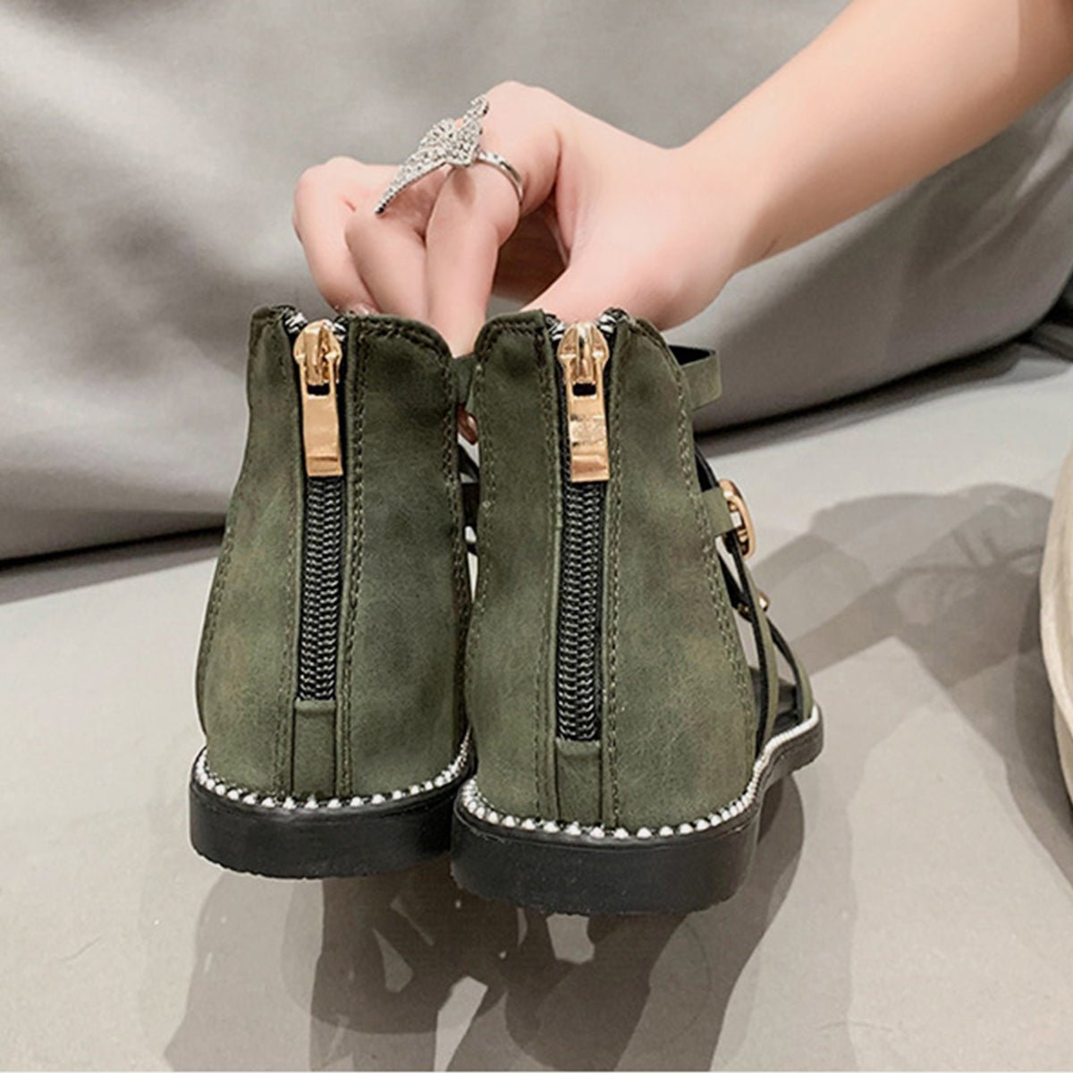Open Toe Back Zipper Flat Sandals - Celeste    