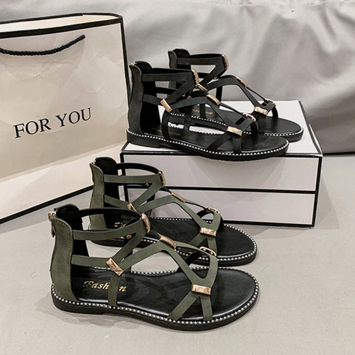 Open Toe Back Zipper Flat Sandals - Celeste    