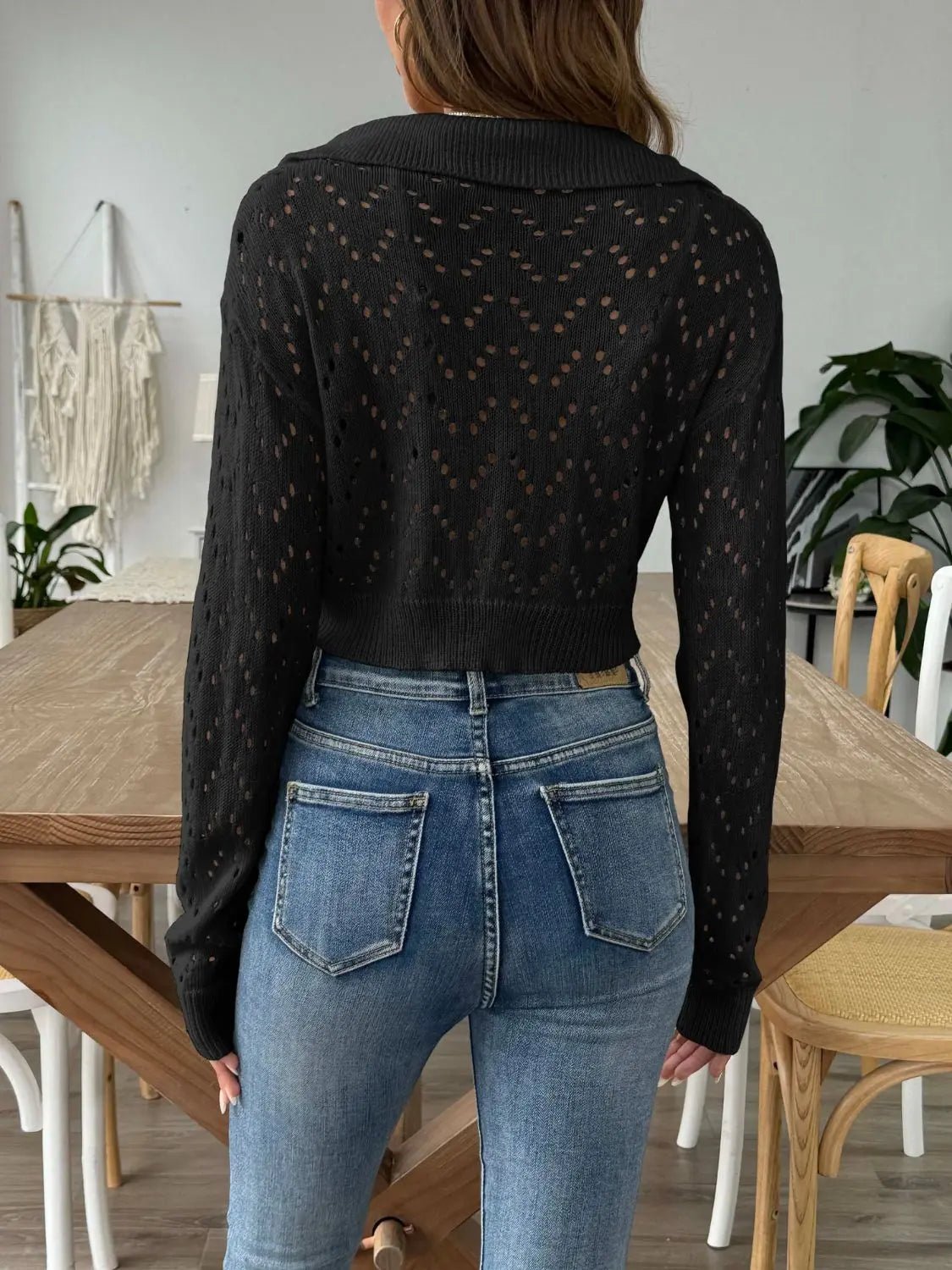 Openwork Collared Neck Long Sleeve Knit Top - Celeste    