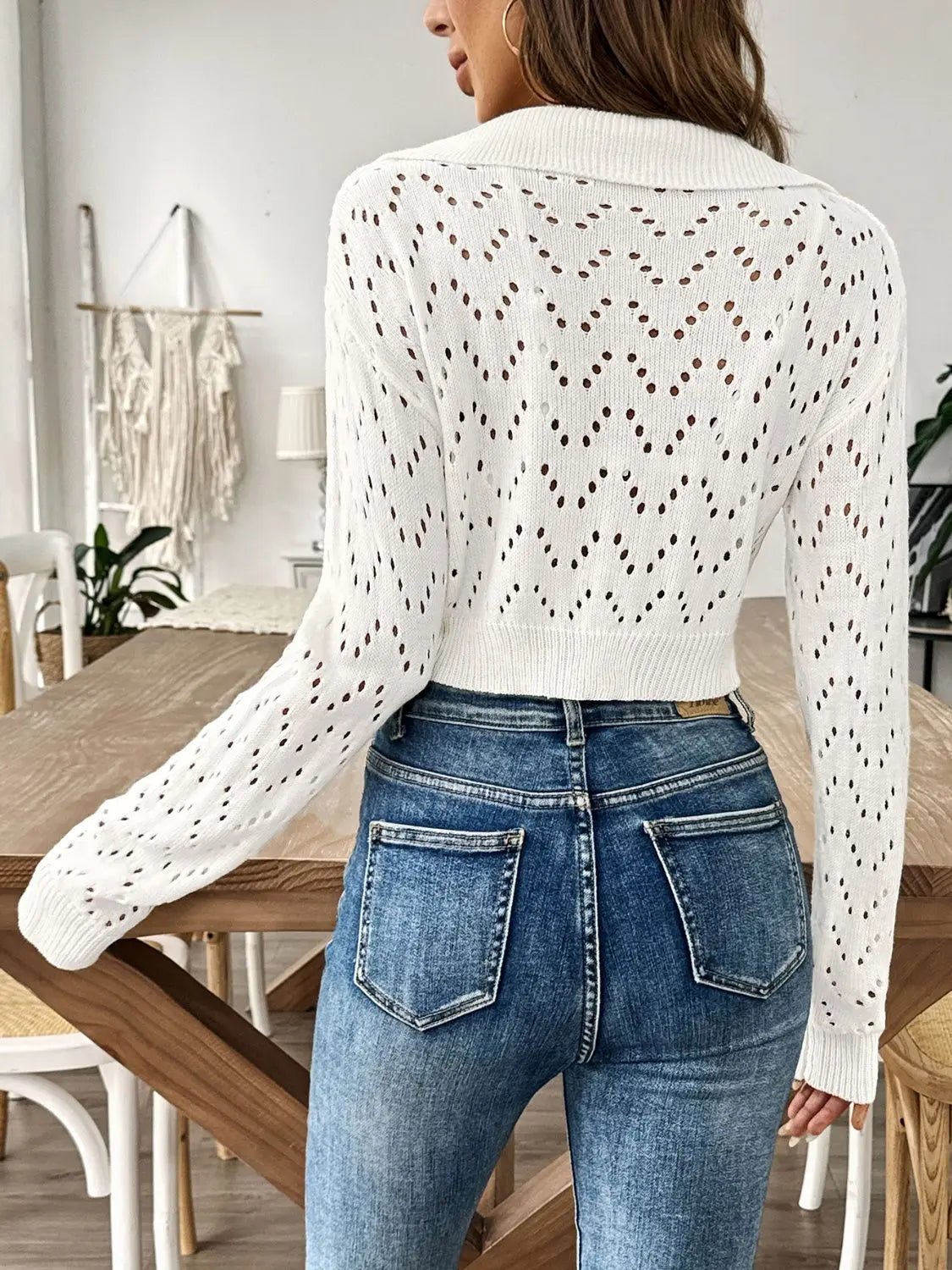 Openwork Collared Neck Long Sleeve Knit Top - Celeste    