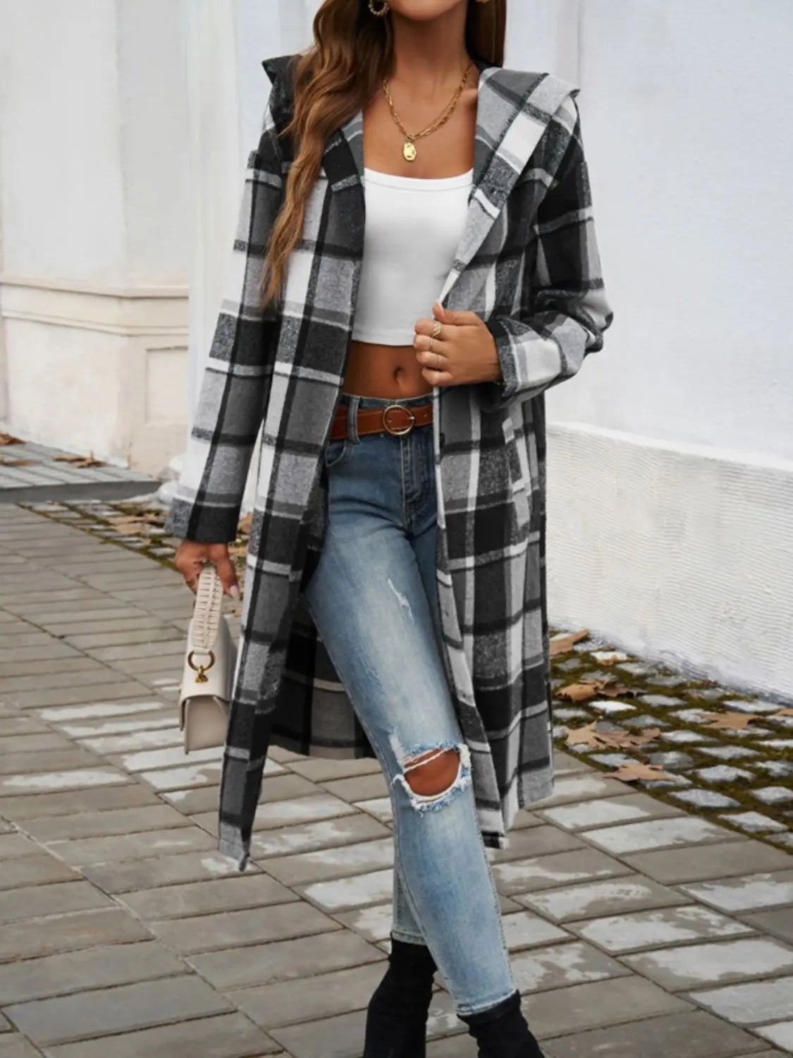 Plaid Long Sleeve Hooded Coat - Celeste    
