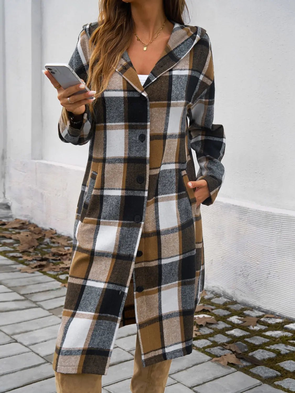 Plaid Long Sleeve Hooded Coat - Celeste    