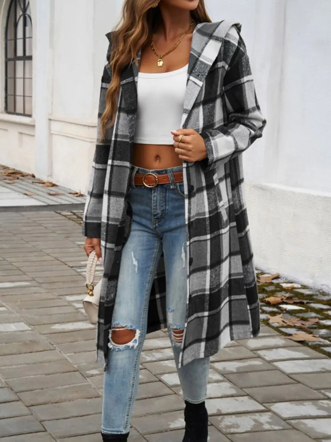 Plaid Long Sleeve Hooded Coat - Celeste    