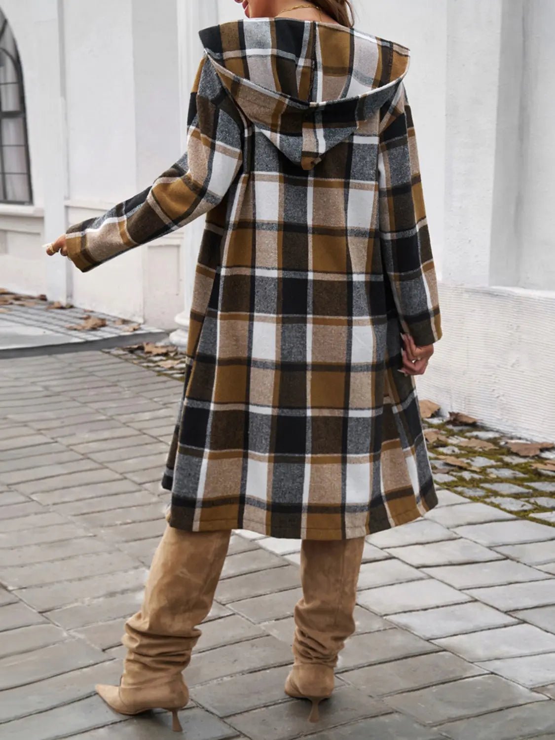 Plaid Long Sleeve Hooded Coat - Celeste    