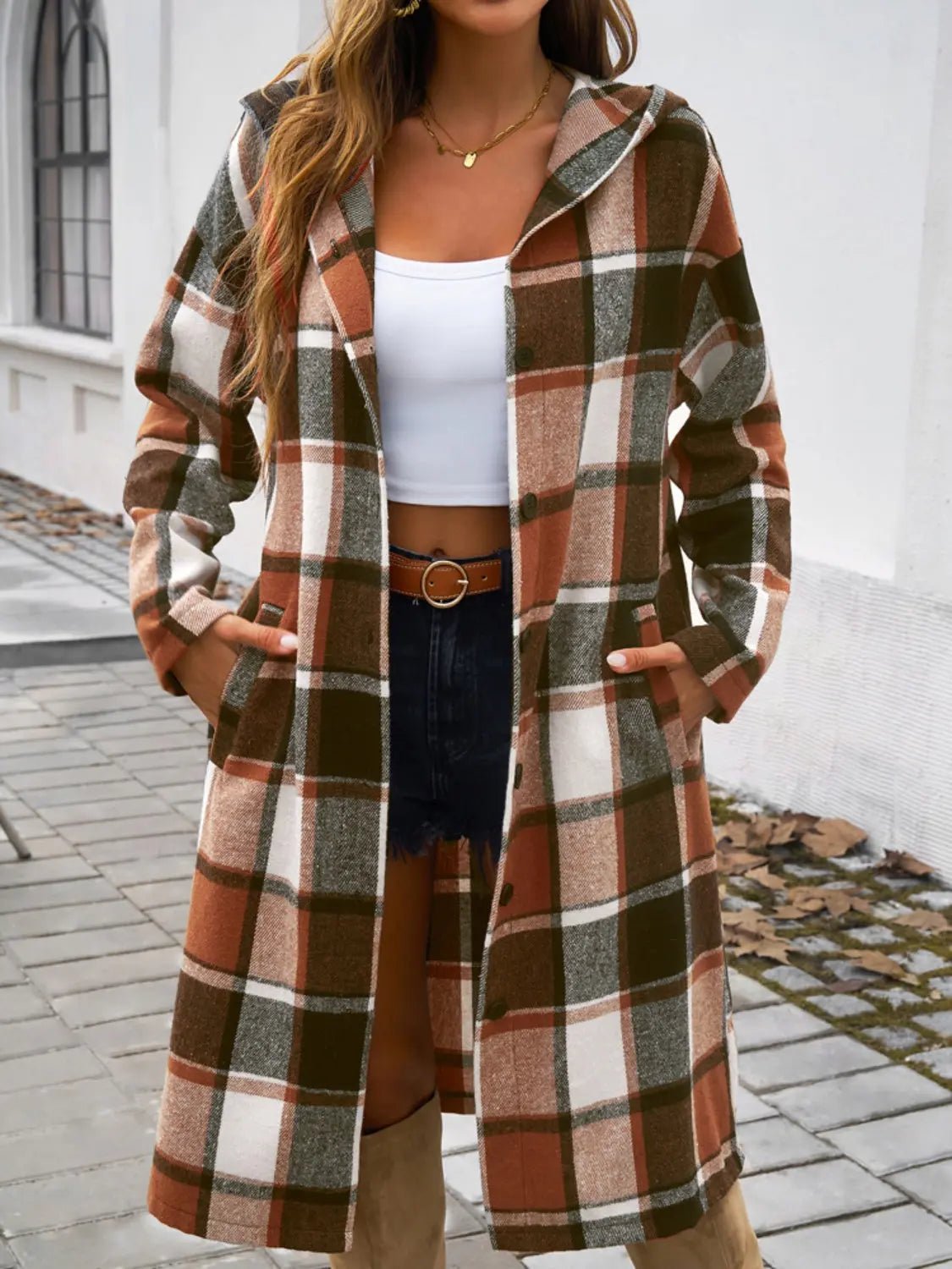Plaid Long Sleeve Hooded Coat - Celeste    