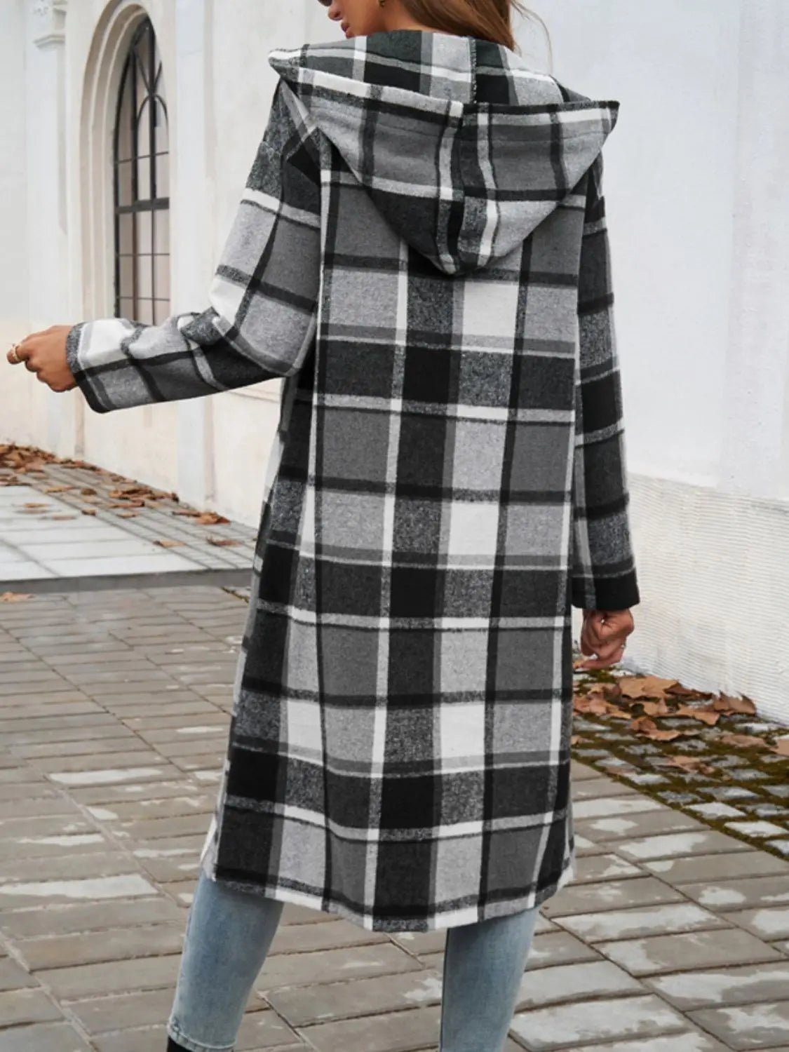 Plaid Long Sleeve Hooded Coat - Celeste    