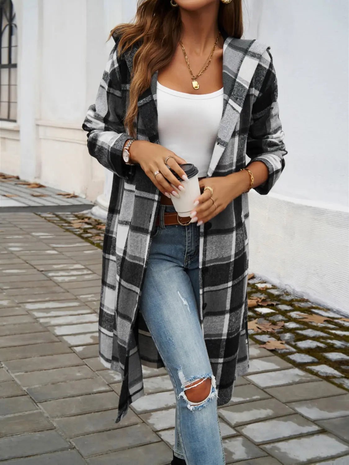 Plaid Long Sleeve Hooded Coat - Celeste    