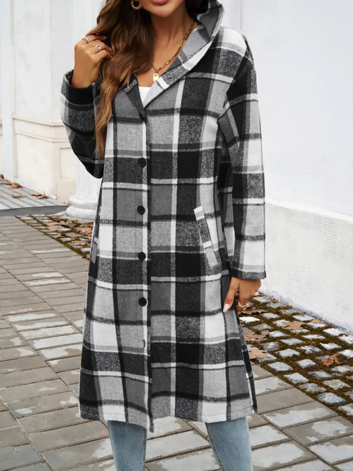 Plaid Long Sleeve Hooded Coat - Celeste    