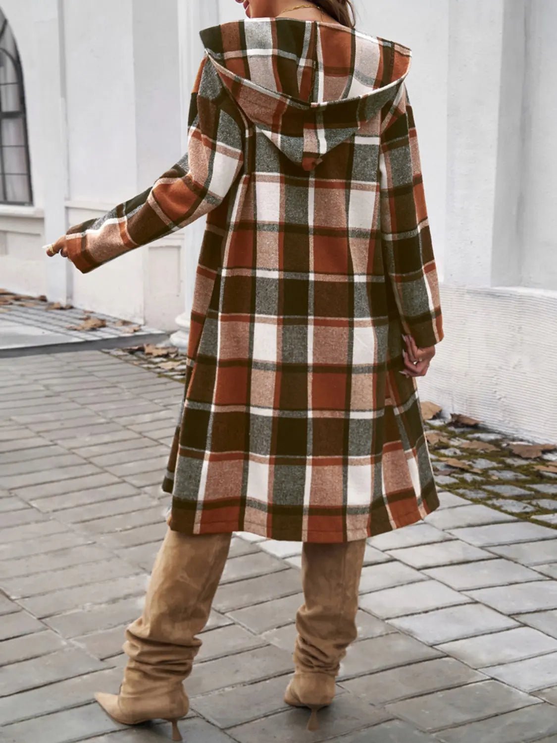 Plaid Long Sleeve Hooded Coat - Celeste    