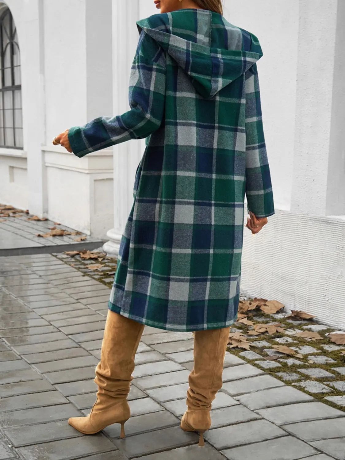 Plaid Long Sleeve Hooded Coat - Celeste    
