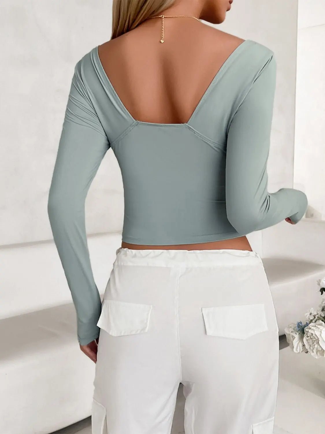 Plunge Long Sleeve T-Shirt - Celeste    