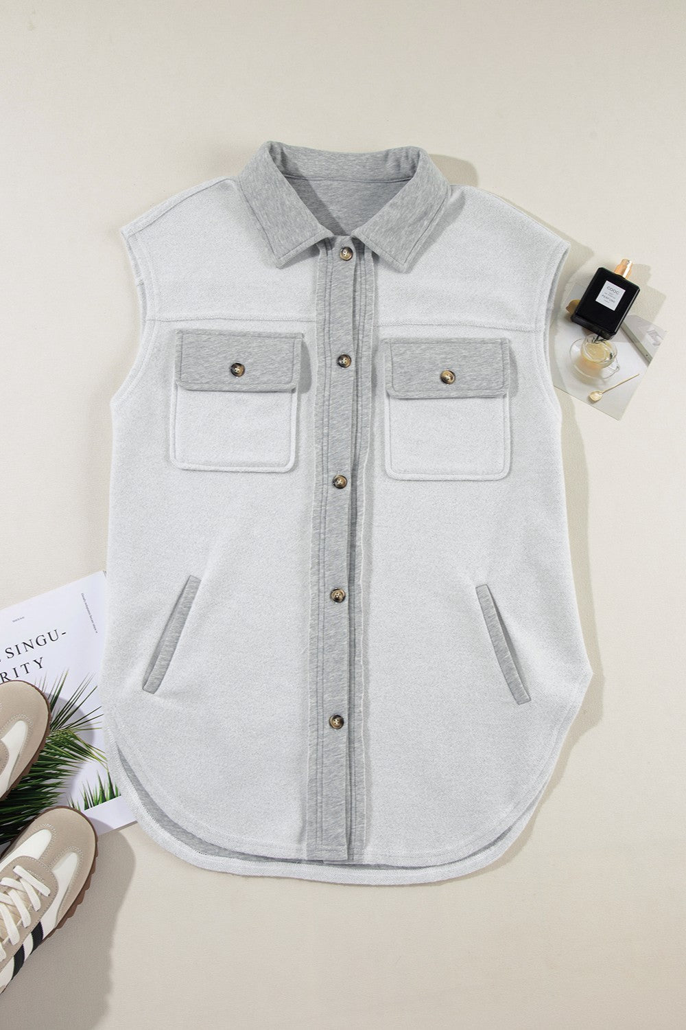 Pocketed Button Up Collared Neck Vest - Celeste    