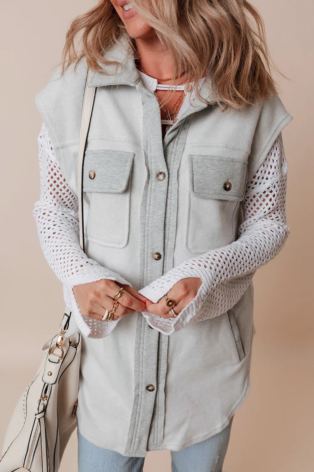 Pocketed Button Up Collared Neck Vest - Celeste    