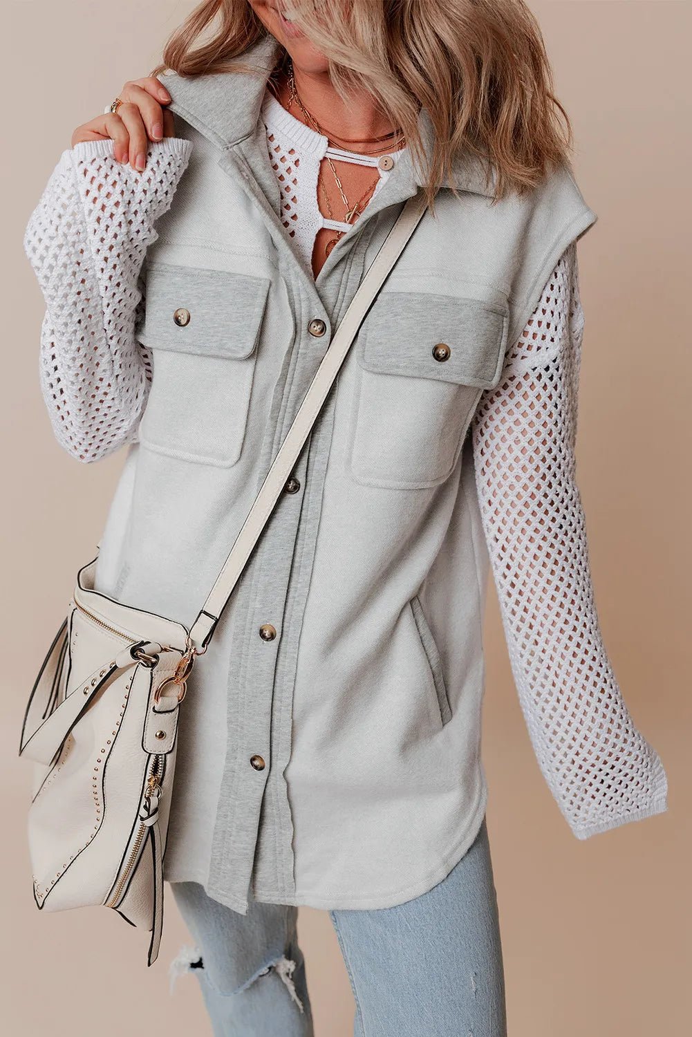 Pocketed Button Up Collared Neck Vest - Celeste    
