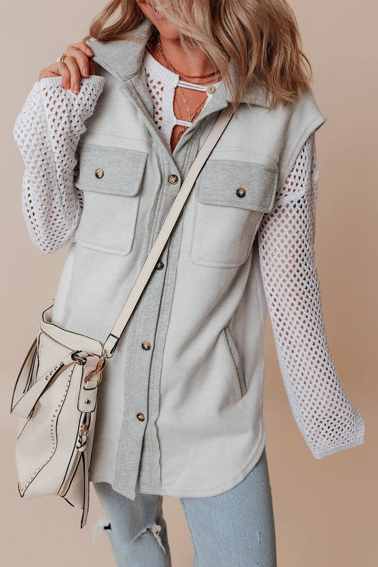 Pocketed Button Up Collared Neck Vest - Celeste    