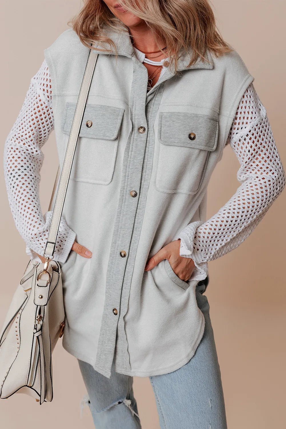 Pocketed Button Up Collared Neck Vest - Celeste    