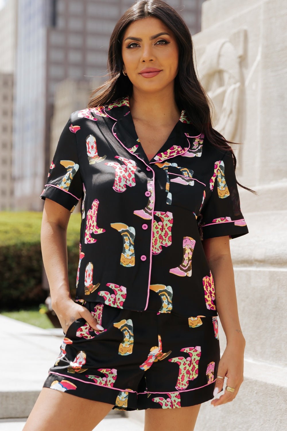 Printed Button Up Short Sleeve Top and Shorts Lounge Set - Celeste    