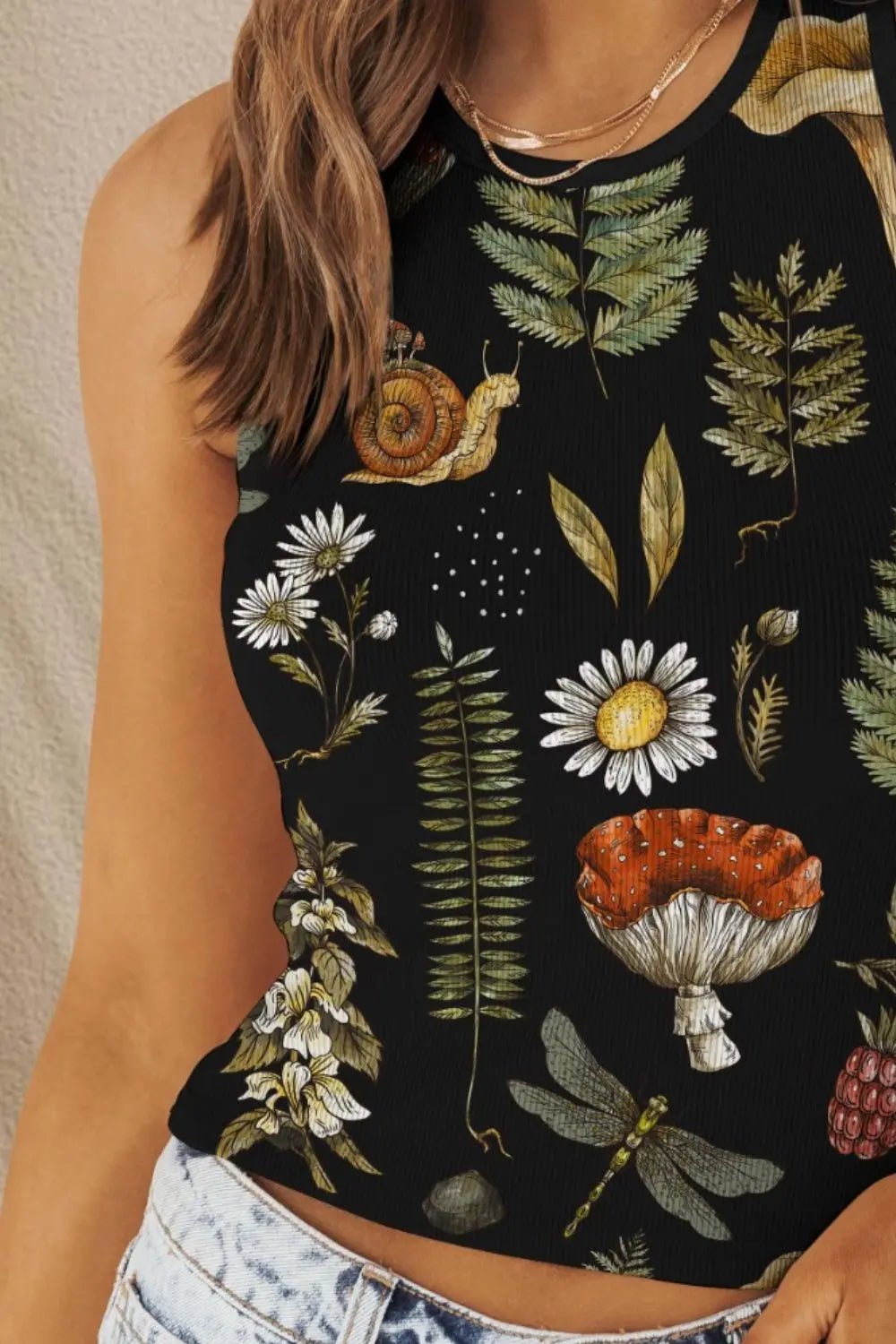 Printed Round Neck Wide Strap Tank - Celeste    