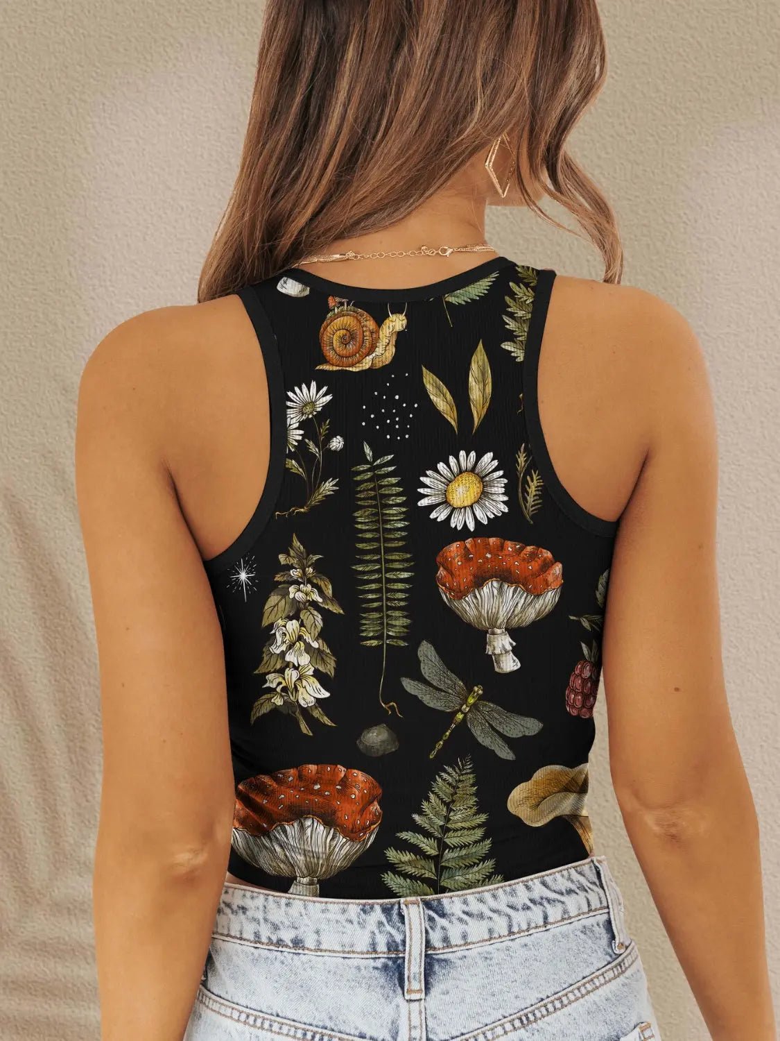 Printed Round Neck Wide Strap Tank - Celeste    