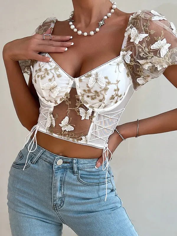 Puff Sleeve Sexy Floral Cropped Top - Celeste    