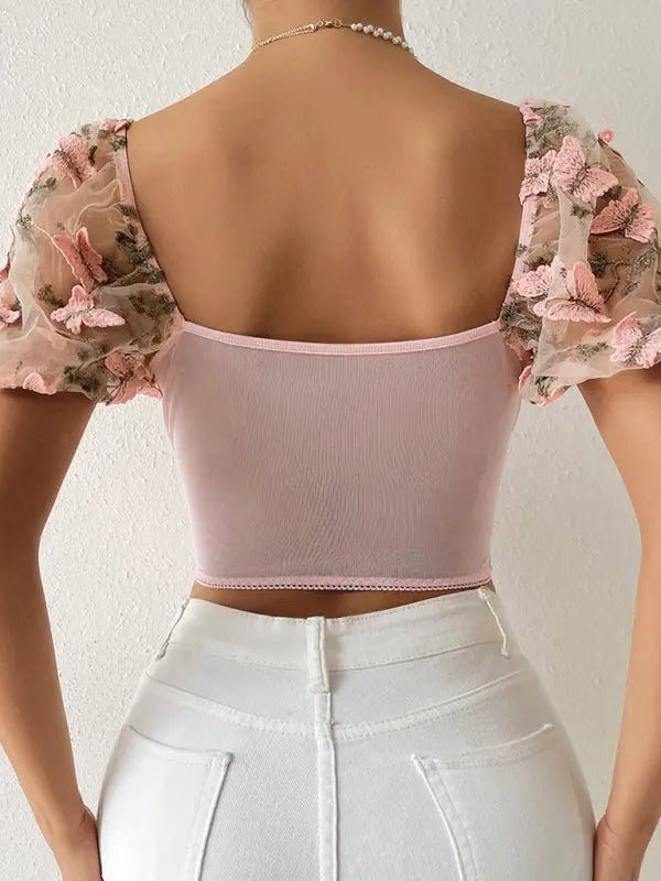 Puff Sleeve Sexy Floral Cropped Top - Celeste    