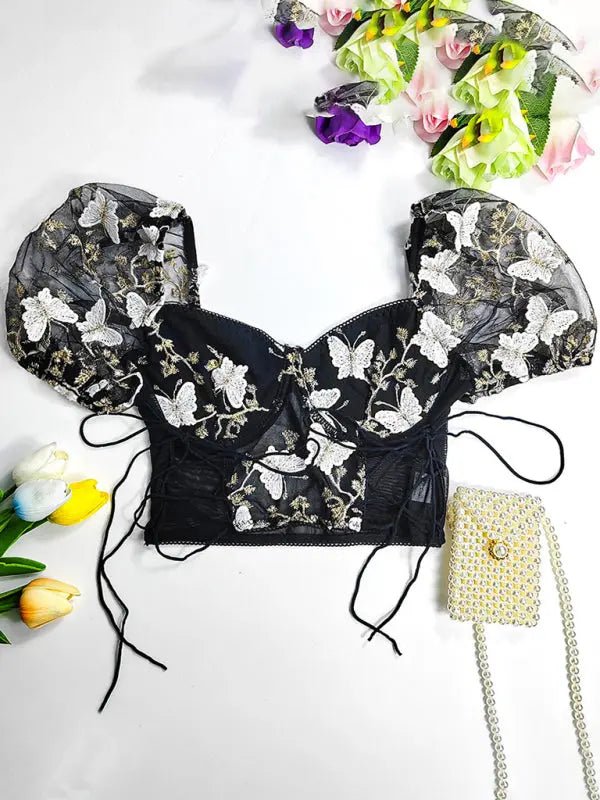 Puff Sleeve Sexy Floral Cropped Top - Celeste    
