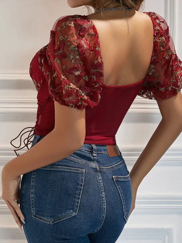 Puff Sleeve Sexy Floral Cropped Top - Celeste    