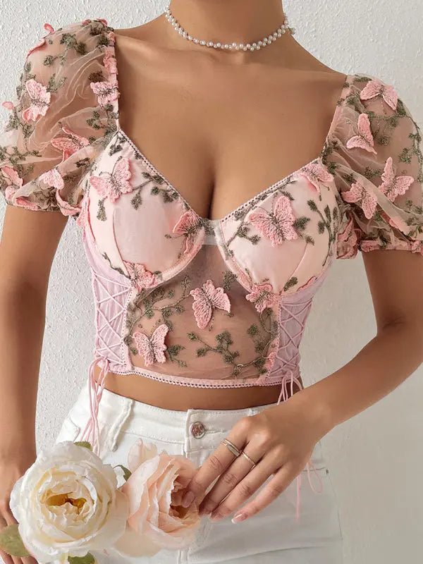 Puff Sleeve Sexy Floral Cropped Top - Celeste    