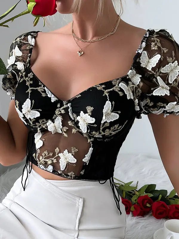 Puff Sleeve Sexy Floral Cropped Top - Celeste    