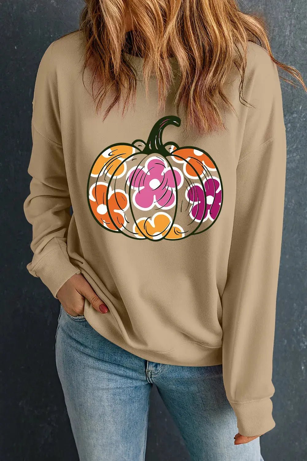 Pumpkin & Flower Graphic Long Sleeve Sweatshirt - Celeste    