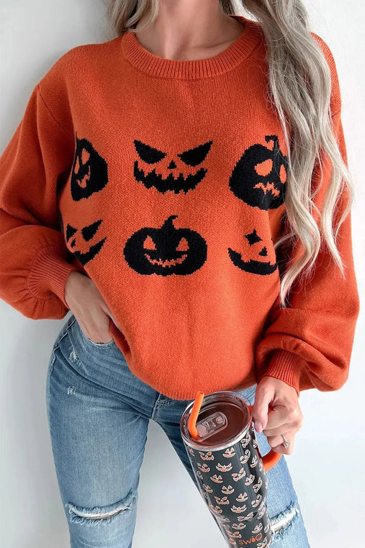 Pumpkin Pattern Round Neck Sweater - Celeste    